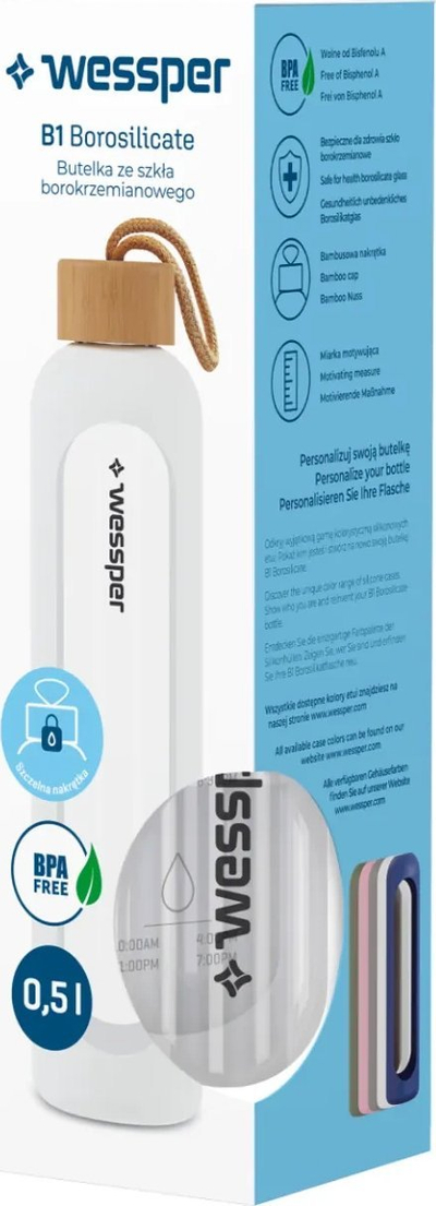 Стаклено шише за вода Wessper B1, 500 ml, со мотивирачка скала, бело