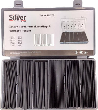 Set tuba termokurkur Silver Tools S11372, 196 copë, diametra të ndryshëm, të zinj