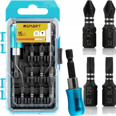 Set bitash goditëse SMART365 PH PZ TORX SL, 15 copë, me adapter 1/4", në kuti plastike