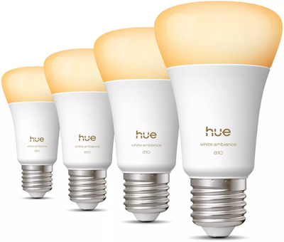 Паметна LED сијалица Philips Hue White Ambiance E27, 6W, 810 lm, сет со 4 парчиња, бела