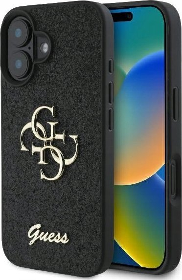 Mbulesë telefoni Guess Glitter 4G, për iPhone 16 Plus, silikon, e zezë