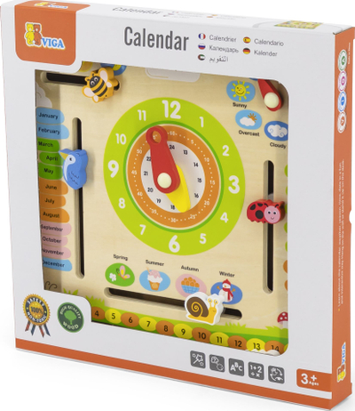 Tabelë druri edukative Viga Clock and Calendar, me shumë ngjyra