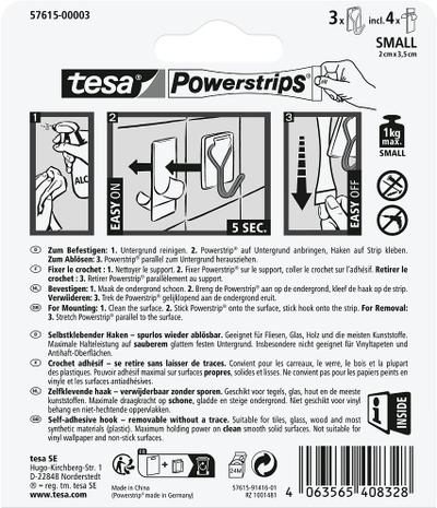 Grepa ngjitës Tesa Powerstrips Small, 3 copë, çelik inox, të bardhë