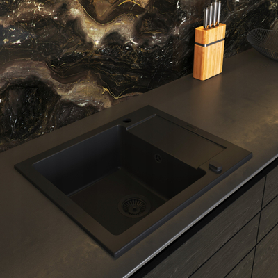 Set lavamani kuzhine Pyramis Mido 62x50 1B1D me rubinet Flexos, granit, Black Edition, i zi mat