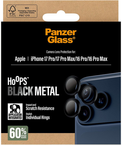Mbrojtës kamere PanzerGlass Hoops, për iPhone 17 Pro 17 Pro Max 16 Pro 16 Pro Max, i zi