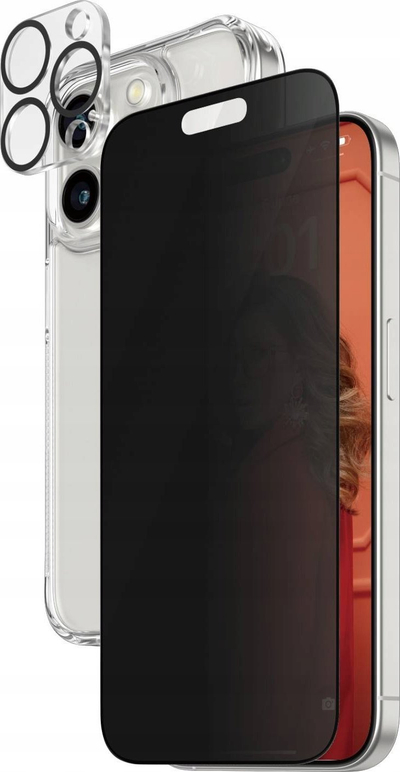 Set mbrojtës PanzerGlass Privacy 3 në 1 për iPhone 15 Pro, xham sigurie, kuti HardCase, i errët
