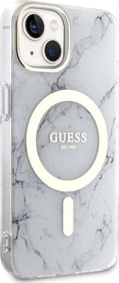 Mbulesë telefoni Guess Marble MagSafe për iPhone 14, PC TPU, e bardhë