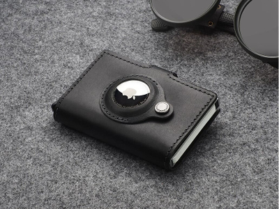 Portofol Pularys EASY WALLET for AirTag, lëkurë natyrale, për Apple AirTag, i zi