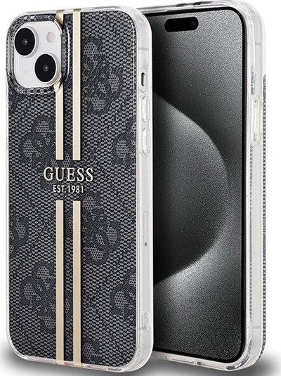 Mbrojtëse telefoni Guess IML 4G Gold Stripe për iPhone 15 14 13, 6.1", e zezë