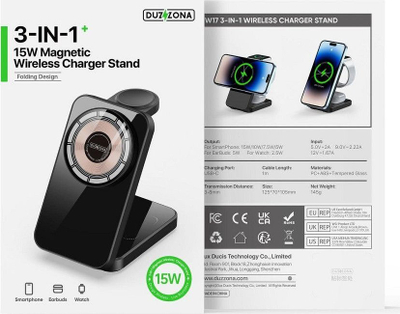 Karikues wireless 3 në 1 DUZZONA W17, 15W MagSafe, palosës, i zi