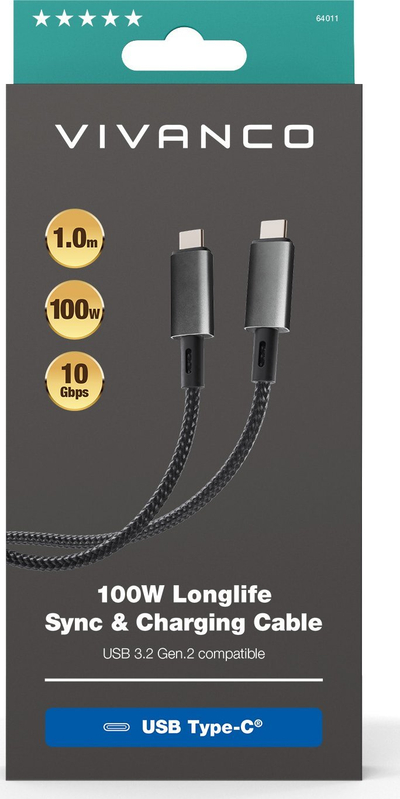 Kabëll karikimi LongLife 100W, USB Type‑C në USB Type‑C, i zi