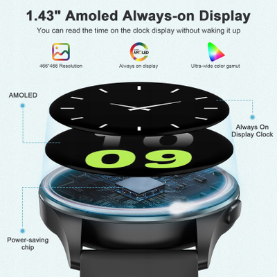 Паметен часовник Blackview X20, екран 1.43\" AMOLED, Bluetooth 5.3, црн