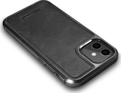 Këllëf telefoni ICarer Leather Oil Wax për iPhone 12 mini, lëkurë e vërtetë, i zi