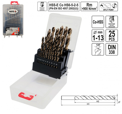 Set stërvitjesh spirale YATO YT-41605, 25 copë, 1-13mm, HSS Co, kasetë plastike e bardhë