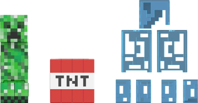 Figurinë koleksionare Minecraft Diamond Level Creeper, 14 cm, me aksesorë TNT, blu transparent