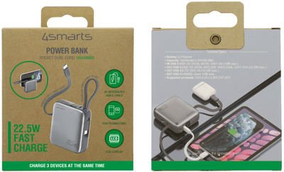 Powerbank 4smarts Pocket Dual Cord, 10000mAh, 22.5W, gri hapësinor
