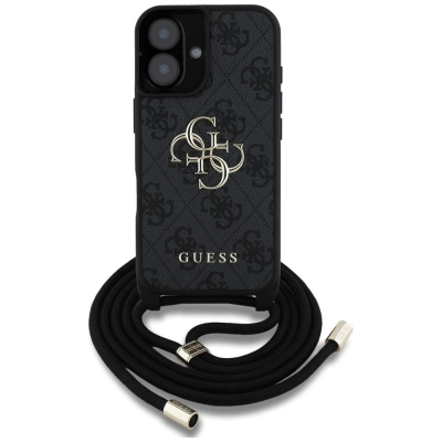 Маска за телефон Guess 4G Big Logo Cord Strap Crossbody за iPhone 16, со ремен за на рамо, црна