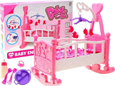 Djep lodër për kukulla Baby Bed ZA1668, me karusel, set gjërash, rozë