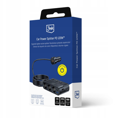 Adapter karikues për veturë 3MK Splitter Car Power Splitter 120W, PD QC PPS, 3xUSB A 1xUSB C, i zi