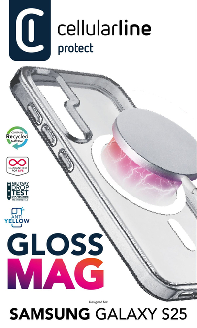 Maskë telefoni Cellularline Gloss Mag Case për Samsung S25, përputhje MagSafe, transparente