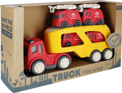 Lodër kamion transportues Mega Creative 524554, me dy kate, me 4 makina zjarrfikse të vogla, i kuq