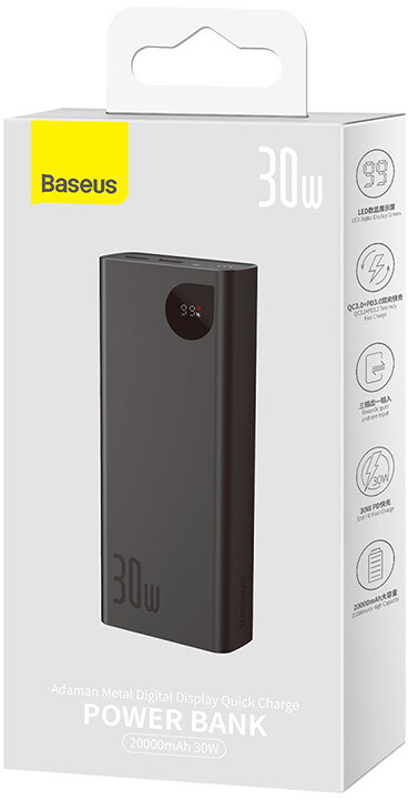 Power Bank Baseus со дигитален дисплеј Adaman, 20000mAh, QC, 30W, црна боја