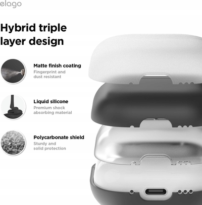 Mbulesë Elago Liquid Hybrid për AirPods 4, mbrojtje treshtresore, karikim wireless, e zezë