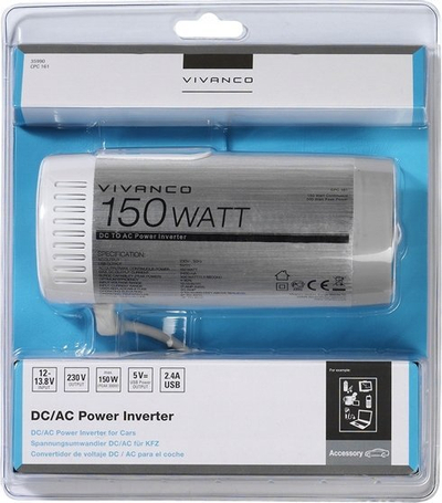 Inverter për makinë Vivanco 150W, 12V në 230V, USB 5V 2.4A, argjendtë