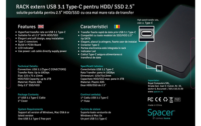 Kuti e jashtme për disk SPR TYPE C 01, 2.5", USB 3.1 Type C, e zezë