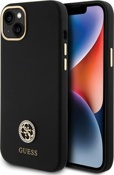 Футрола за телефон Guess Silicone Logo Strass 4G за iPhone 15 Plus 14 Plus, силикон, црна