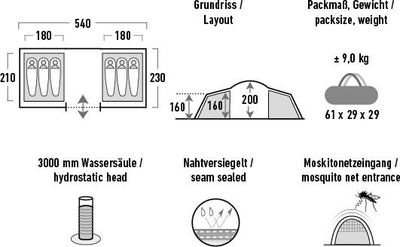 Çader kampingu High Peak Como 6.0, për 6 veta, 3000 mm, gri