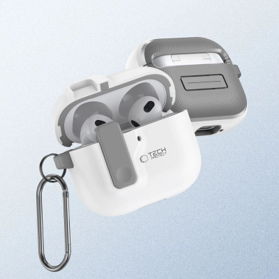 Mbulesë Tech-Protect Slim Hook për Apple AirPods 4, polikarbonat, me karabinë, e bardhë