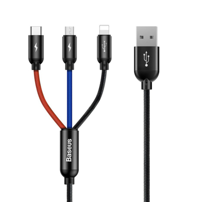 Kabllo USB Baseus 3 në 1, USB A në USB C microUSB Lightning, 1.2 m, e zezë