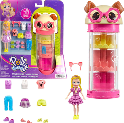 Set lojrash Polly Pocket Style Spinner Fashion Closet, kukull bionde 7.5cm, dollap rrotullues, rozë