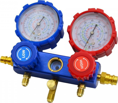 Set manifold ftohësish GEKO Refrigerant Changing Set, 2 drejtime, 2 manometra, shumëngjyrësh