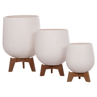 Set me 3 vazo dekorative TRYLL HM4681.02, fiber cement, me bazë druri teak, të bardha