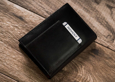 Portofol meshkujsh Rovicky vertikal, lëkurë natyrale, RFID, i zi