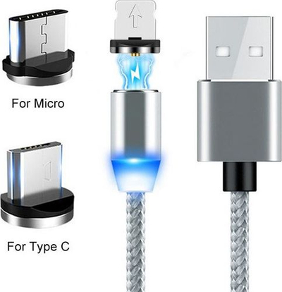 Kabllo karikimi Ecobox 3n1 me magnet 360, USB në Type C microUSB Lightning, 1 m, 2A, ngjyrë argjendtë