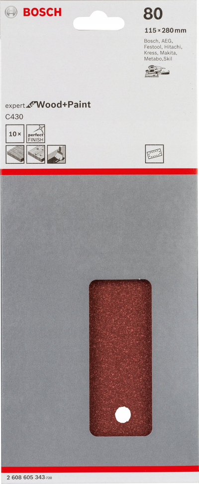 Fletë gërryese Bosch C430 Clip On 1/2, 115 x 280mm, granulë 80, paketë 10 copë