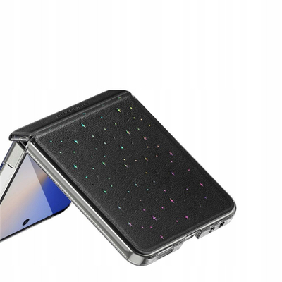 Kapak telefoni Dux Ducis Star Pattern për Samsung Galaxy Z Flip7, lëkurë sintetike, mbyllje me magnet, i zi