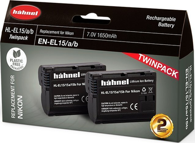 Bateri për kamerë Hahnel HL-EL15HP për Nikon, 1650mAh, paketë dyshe, e zezë