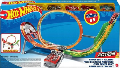 Сет патека за трки Hot Wheels Action Power Shift Raceway, со лупинг и моторизиран засилувач, 5 автомобили