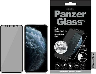Xham mbrojtës PanzerGlass Privacy për iPhone X Xs 11 Pro, Edge to Edge, CamSlider Swarovski, i zi