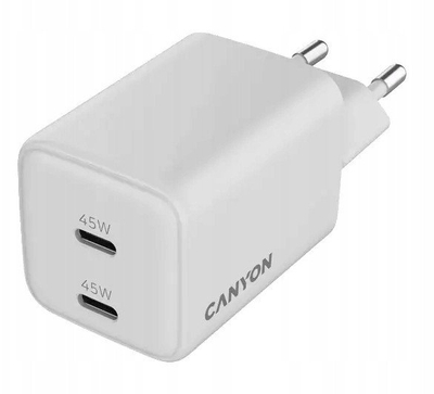 Адаптер за полнење Canyon CU45CC, 45W GaN, 2x PD, бел