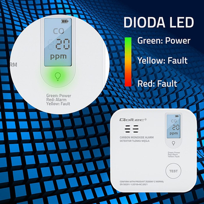 Detektor monoksidi karboni Qoltec, me bateri, alarm 85dB, i bardhë