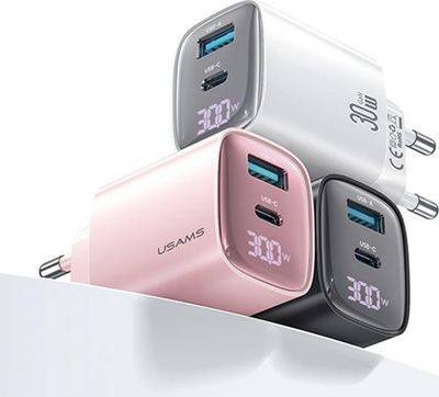 Karikues rrjeti USAMS CC229, 30W GaN, USB-C & USB-A, rozë