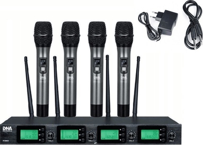 Set mikrofonash wireless DNA Professional, 4 mikrofona dore, marrës me ekran, gri e zi
