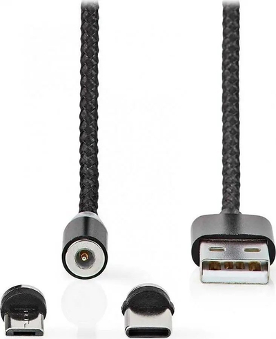 Kabllo karikimi Nedis USB 2.0, magnetike, 2 m, USB A në USB C edhe Micro USB, e zezë