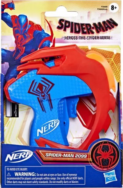 Lodër blaster Nerf MicroShots Spider-Man 2099, me fishekë shkumë, blu e kuqe
