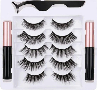 Set qerpikësh magnetikë AG851A Long, 5 palë, me eyeliner dhe pincetë, i zi